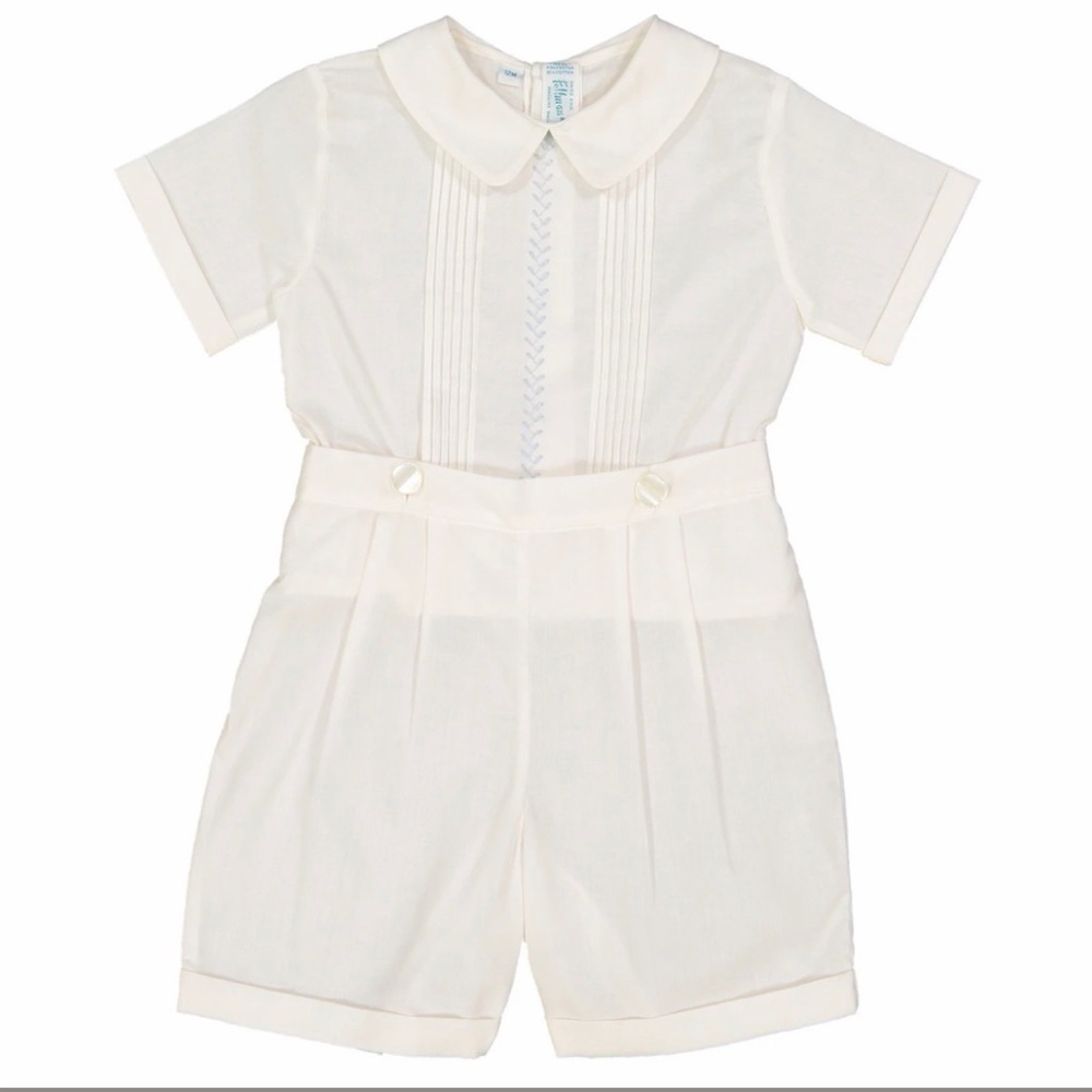 Feltman Bros White Peter Pan Collar Boys Matching Embroidered Short Set 24 Month